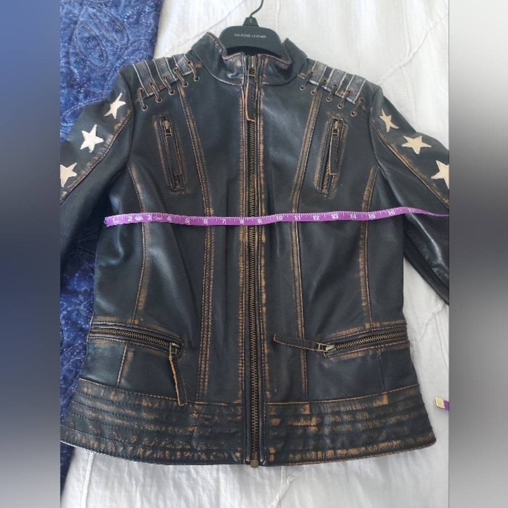 Black Rivet (Wilsons Leather) Distressed Leather Jacket with Star Details, S - Picture 7 of 16